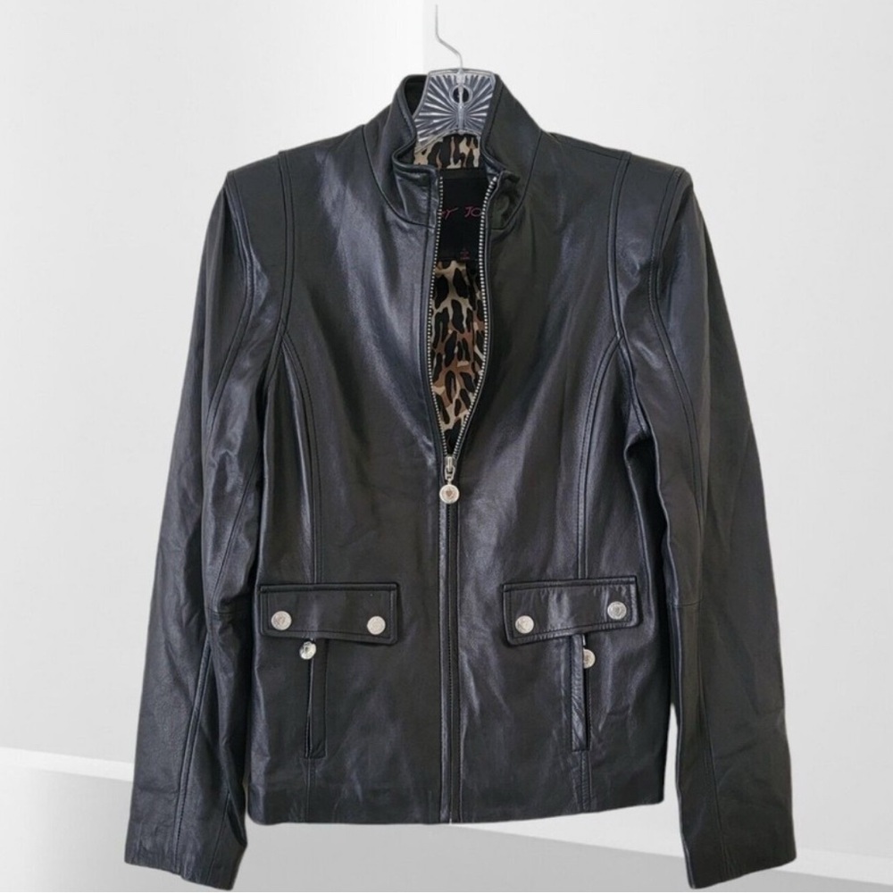 Betsey Johnson genuine leather short black leather jacket with leopard lining